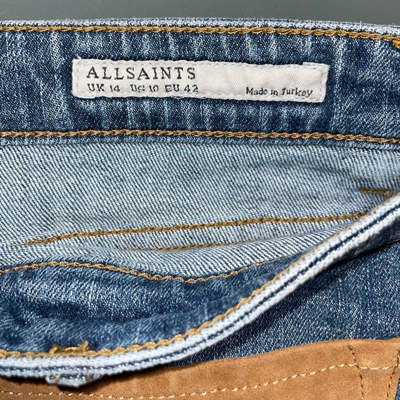 All Saints Goat Leather Trimmed Pocket Button Up Blue Denim Jeans Skirt 10 US - Picture 6 of 7